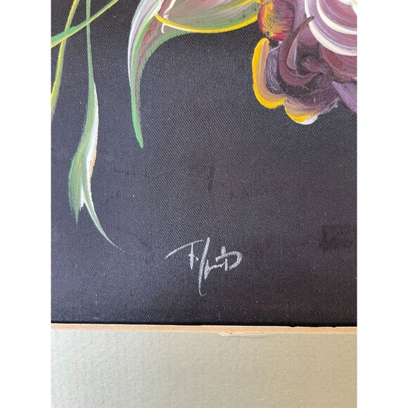 Floral Acrylic Painting On Silk With Beige Matting 14" X 18" Signed By Artist Vi - Picture 9 of 11